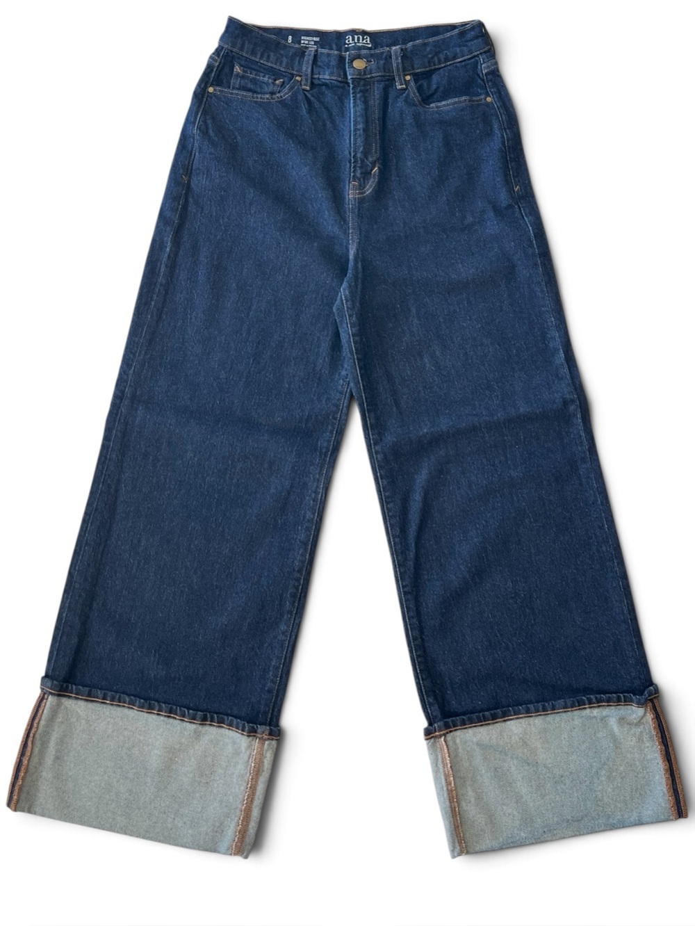 a.n.a Highest Rise Wide Leg Cuffed Jeans Dark Wash Indigo 76699-8, Size 8